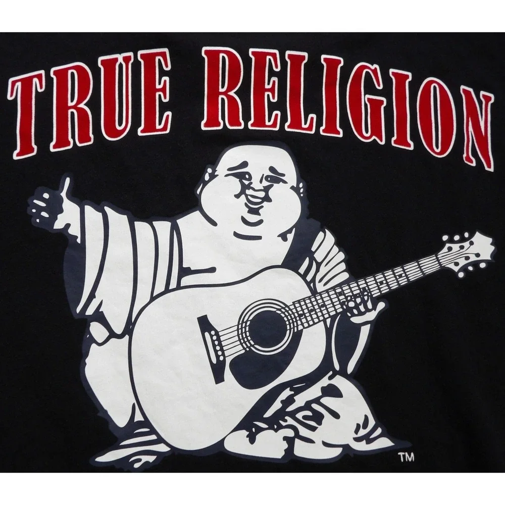 True Religion Buddha Guitar Logo Graphic Tee Men‎ M Black Red Cotton Streetwear